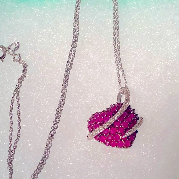 Natural Ruby and Diamond Sterling Silver Necklace - Picture 5 of 12